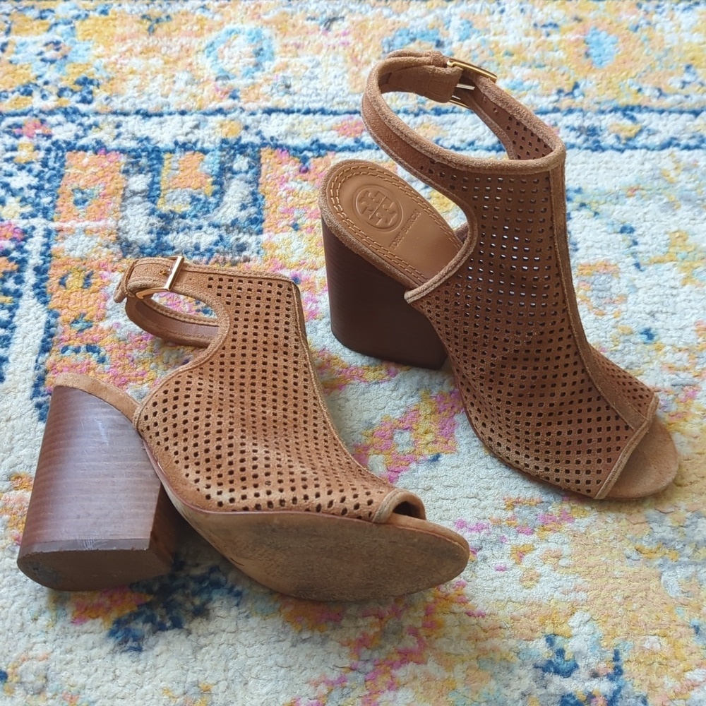 Tory Burch Jessie Perforated Suede Leather Peep Toe High Heel Booties Brown 6.5 - Picture 2 of 16